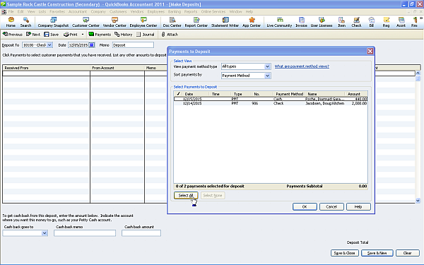 Quick Books Undeposited Funds Screen