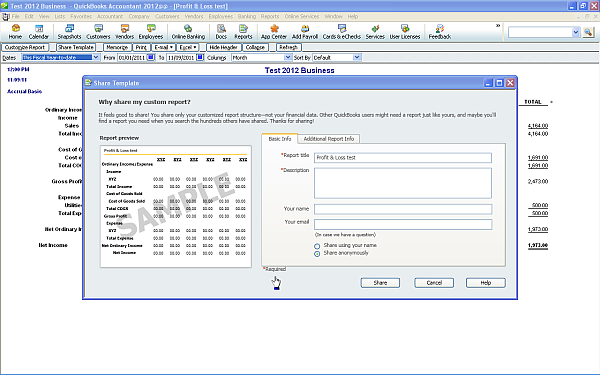 QuickBooks Share Report Screen