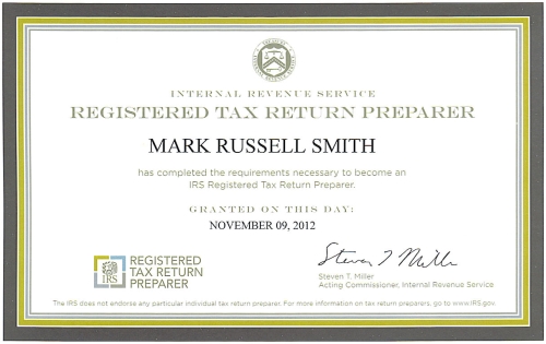 Mark Smith's Registered Tax Return Preparer Certificate